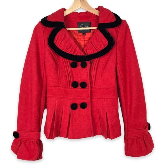 Qton Los Angeles Red Wool Blend Velvet Trim Blazer Size Small - Picture 1 of 12